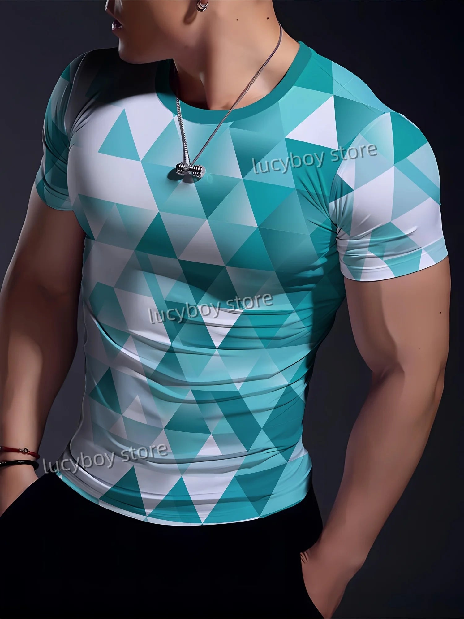 Men's Sports Gym T Shirt Muscle Training Tees Short Sleeve Tees Quick Drying Grid diamond print Men Oversized Tops Men Clothing