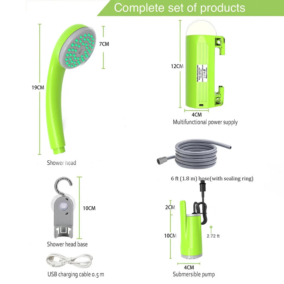 Camping Shower Pump，Outdoor Shower,  with LED lamp,IPX8 Waterproof ,Suitable for Camping,Hiking,Car trips