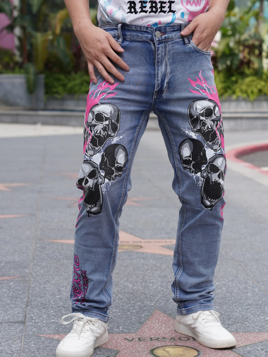 Men's Jeans With Fashionable Devil Print  High Waisted and Wide Leg Style  Enjoy Promotional Discount With Free Shipping