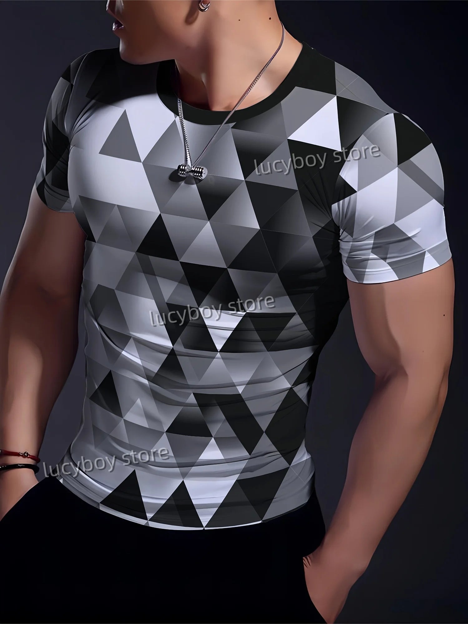 Men's Sports Gym T Shirt Muscle Training Tees Short Sleeve Tees Quick Drying Grid diamond print Men Oversized Tops Men Clothing