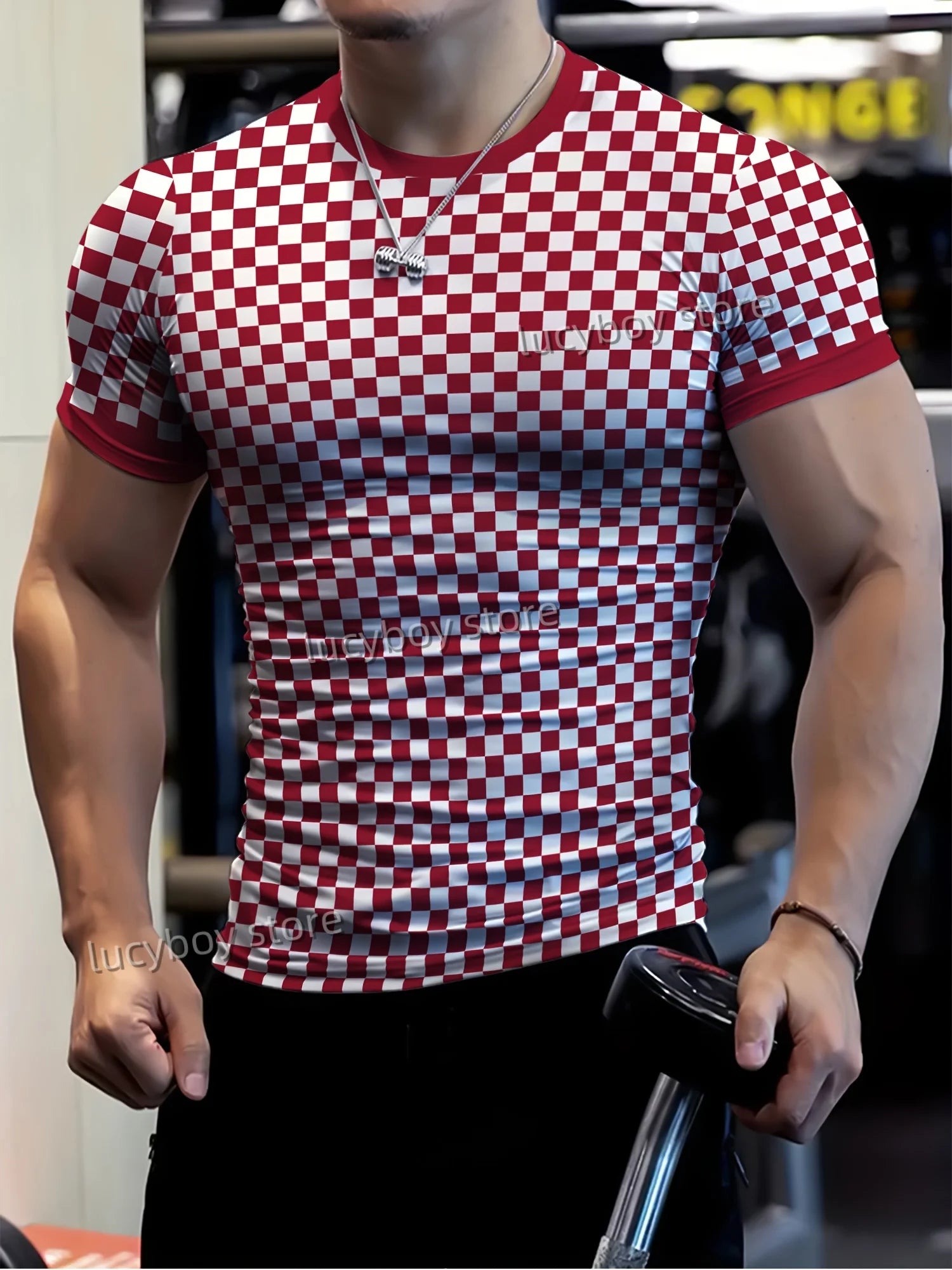 Men's Sports Gym T Shirt Muscle Training Tees Short Sleeve Tees Quick Drying Grid diamond print Men Oversized Tops Men Clothing