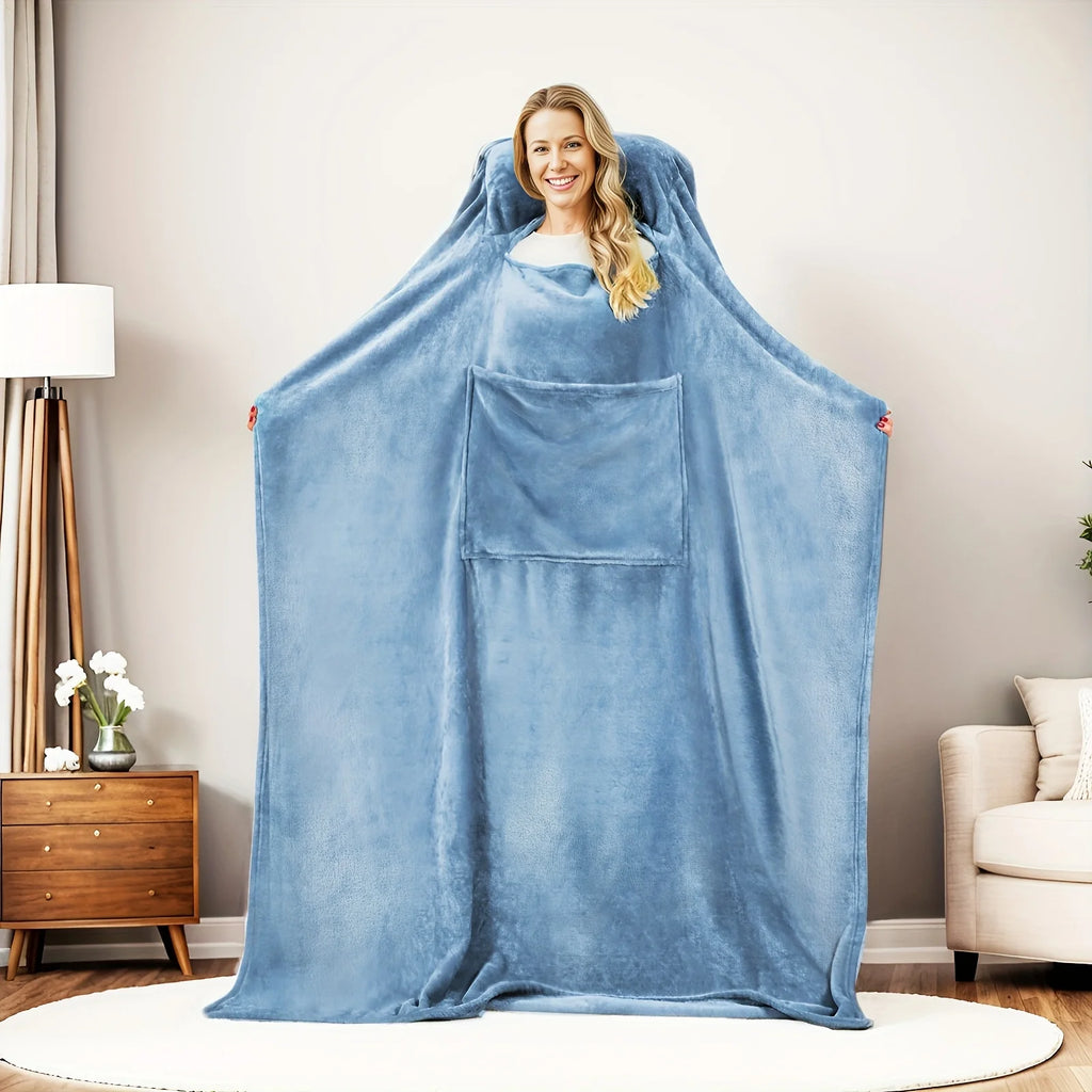 Comfortable blue flannel blanket with pillow – versatile, four-season soft cover blanket