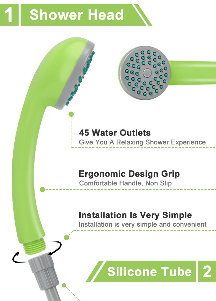 Camping Shower Pump，Outdoor Shower,  with LED lamp,IPX8 Waterproof ,Suitable for Camping,Hiking,Car trips