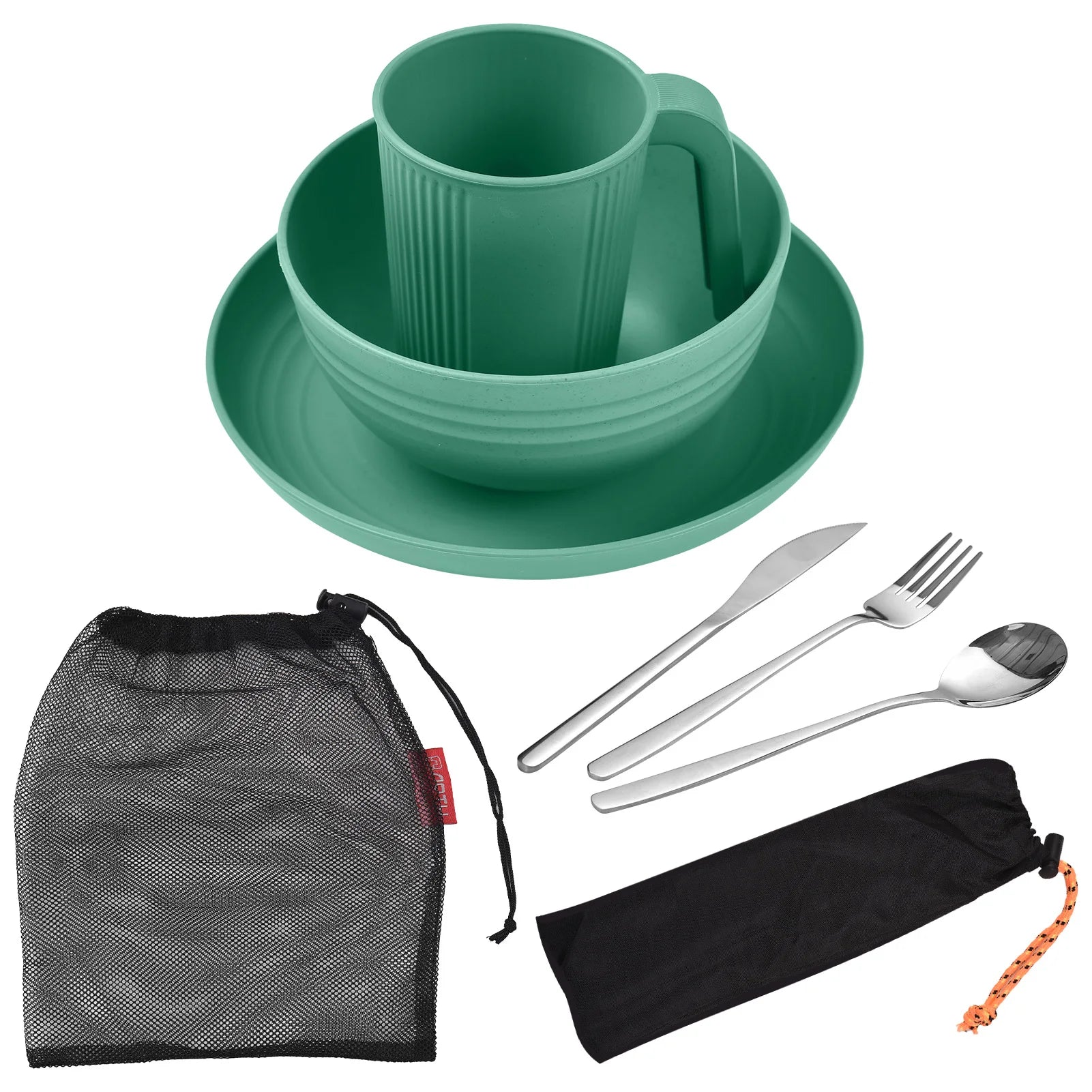 Camping Utensils Set for 2 Portable Wheat Straw Mess Kit with Bowl Plate Cup Fork Knife Spoon Outdoor Tableware and Picnicware