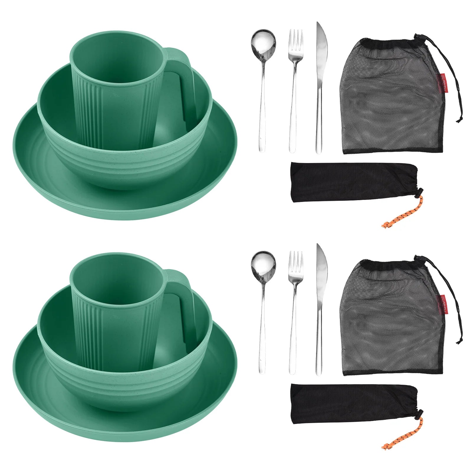 Camping Utensils Set for 2 Portable Wheat Straw Mess Kit with Bowl Plate Cup Fork Knife Spoon Outdoor Tableware and Picnicware