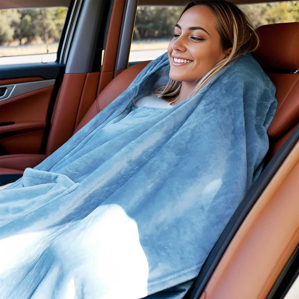 Comfortable blue flannel blanket with pillow – versatile, four-season soft cover blanket