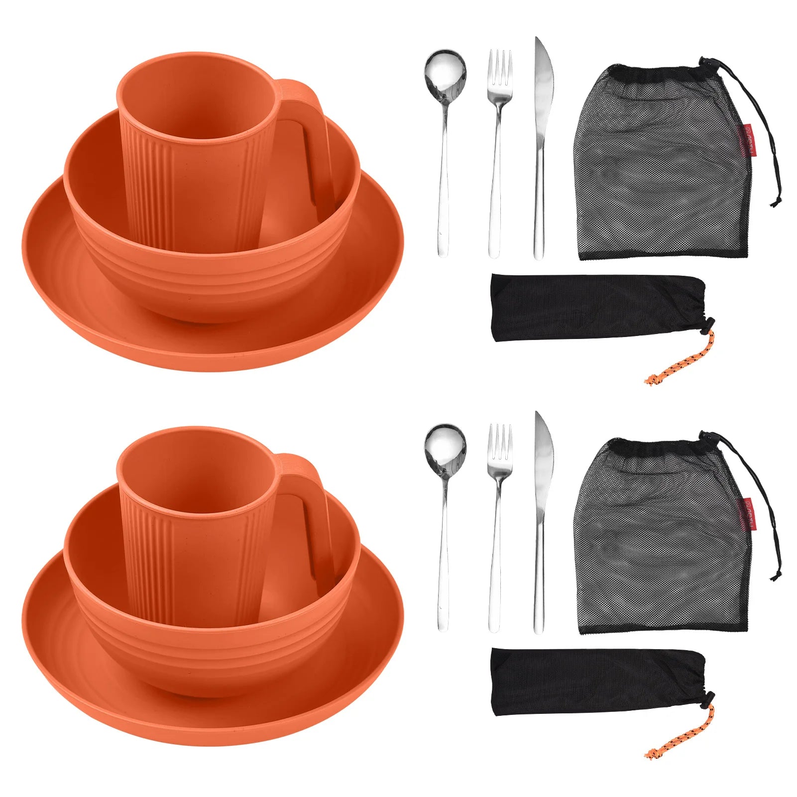 Camping Utensils Set for 2 Portable Wheat Straw Mess Kit with Bowl Plate Cup Fork Knife Spoon Outdoor Tableware and Picnicware