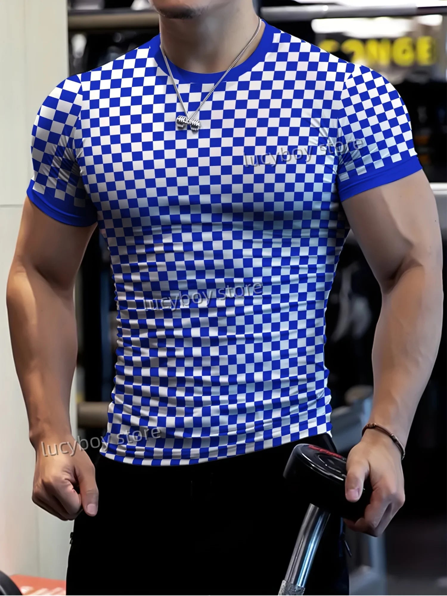 Men's Sports Gym T Shirt Muscle Training Tees Short Sleeve Tees Quick Drying Grid diamond print Men Oversized Tops Men Clothing