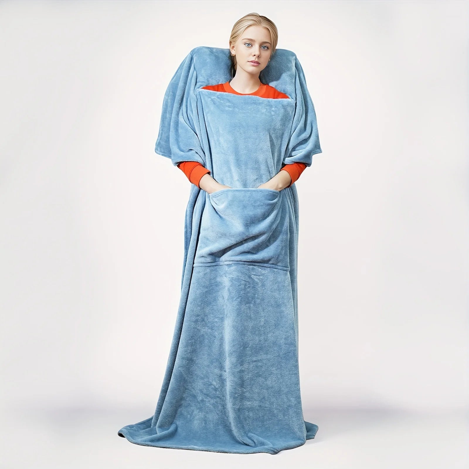 Comfortable blue flannel blanket with pillow – versatile, four-season soft cover blanket