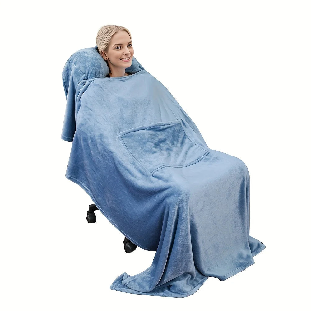 Comfortable blue flannel blanket with pillow – versatile, four-season soft cover blanket