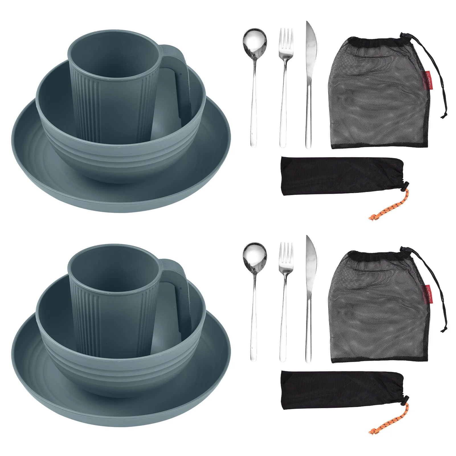 Camping Utensils Set for 2 Portable Wheat Straw Mess Kit with Bowl Plate Cup Fork Knife Spoon Outdoor Tableware and Picnicware
