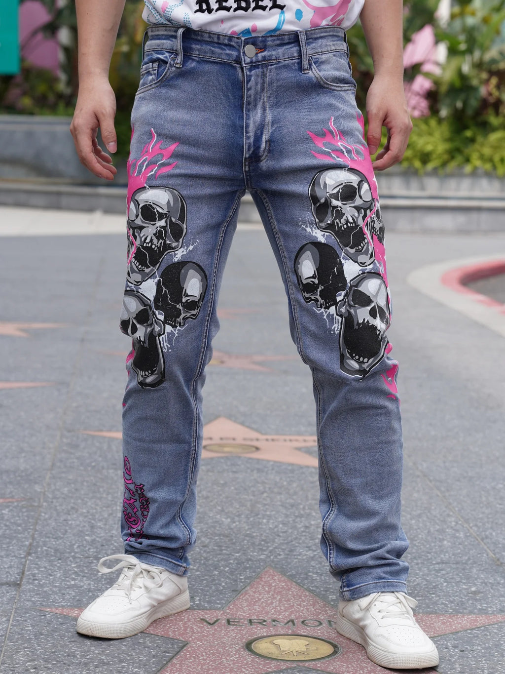 Men's Jeans With Fashionable Devil Print  High Waisted and Wide Leg Style  Enjoy Promotional Discount With Free Shipping