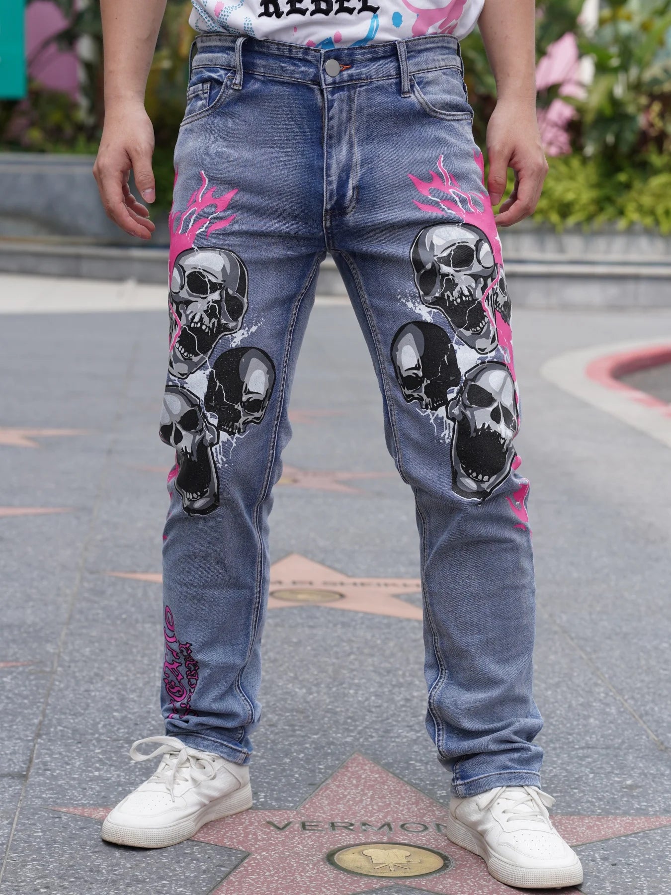 Men's Jeans With Fashionable Devil Print  High Waisted and Wide Leg Style  Enjoy Promotional Discount With Free Shipping