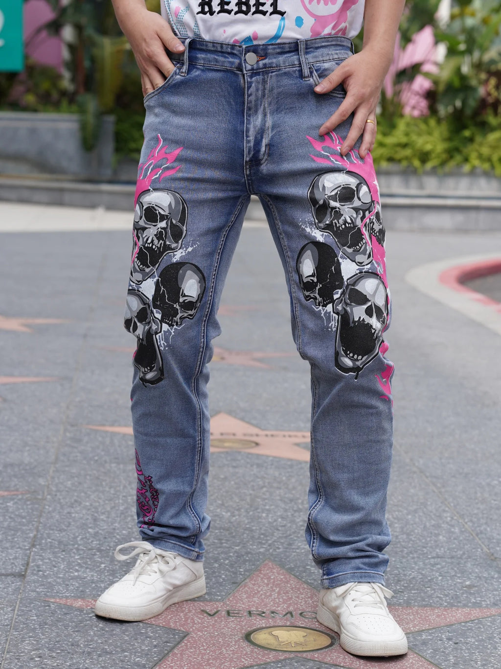 Men's Jeans With Fashionable Devil Print  High Waisted and Wide Leg Style  Enjoy Promotional Discount With Free Shipping