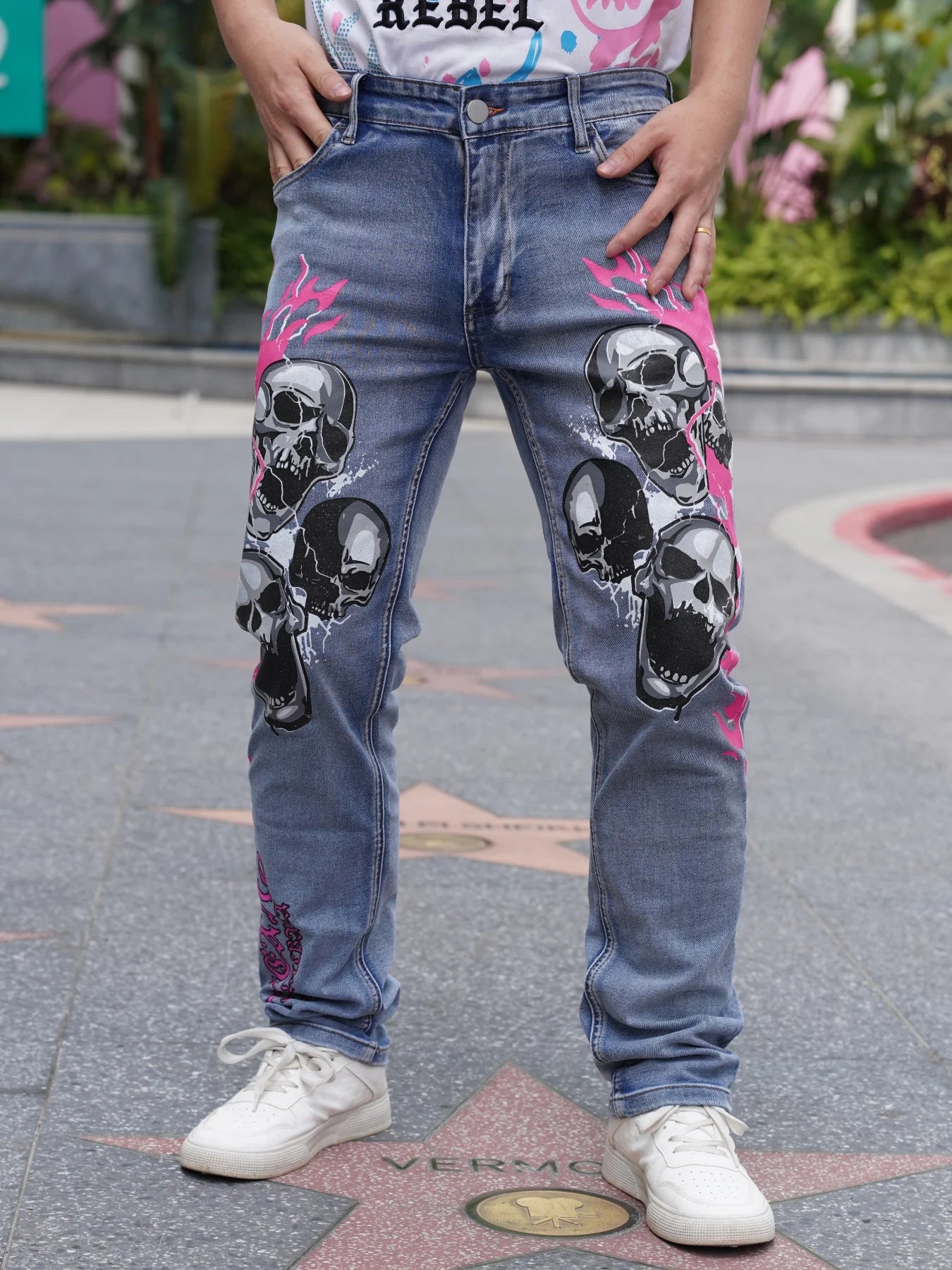 Men's Jeans With Fashionable Devil Print  High Waisted and Wide Leg Style  Enjoy Promotional Discount With Free Shipping