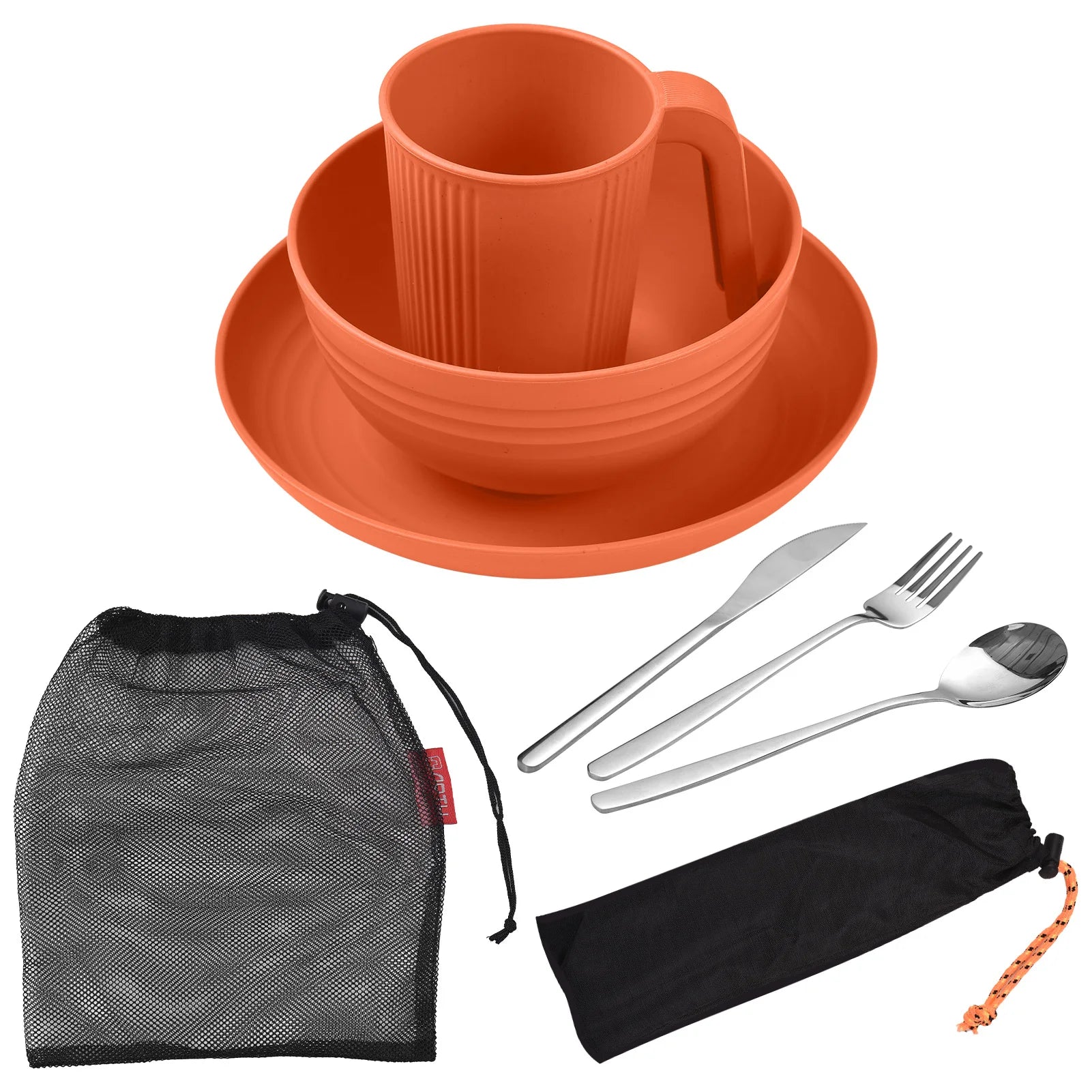 Camping Utensils Set for 2 Portable Wheat Straw Mess Kit with Bowl Plate Cup Fork Knife Spoon Outdoor Tableware and Picnicware