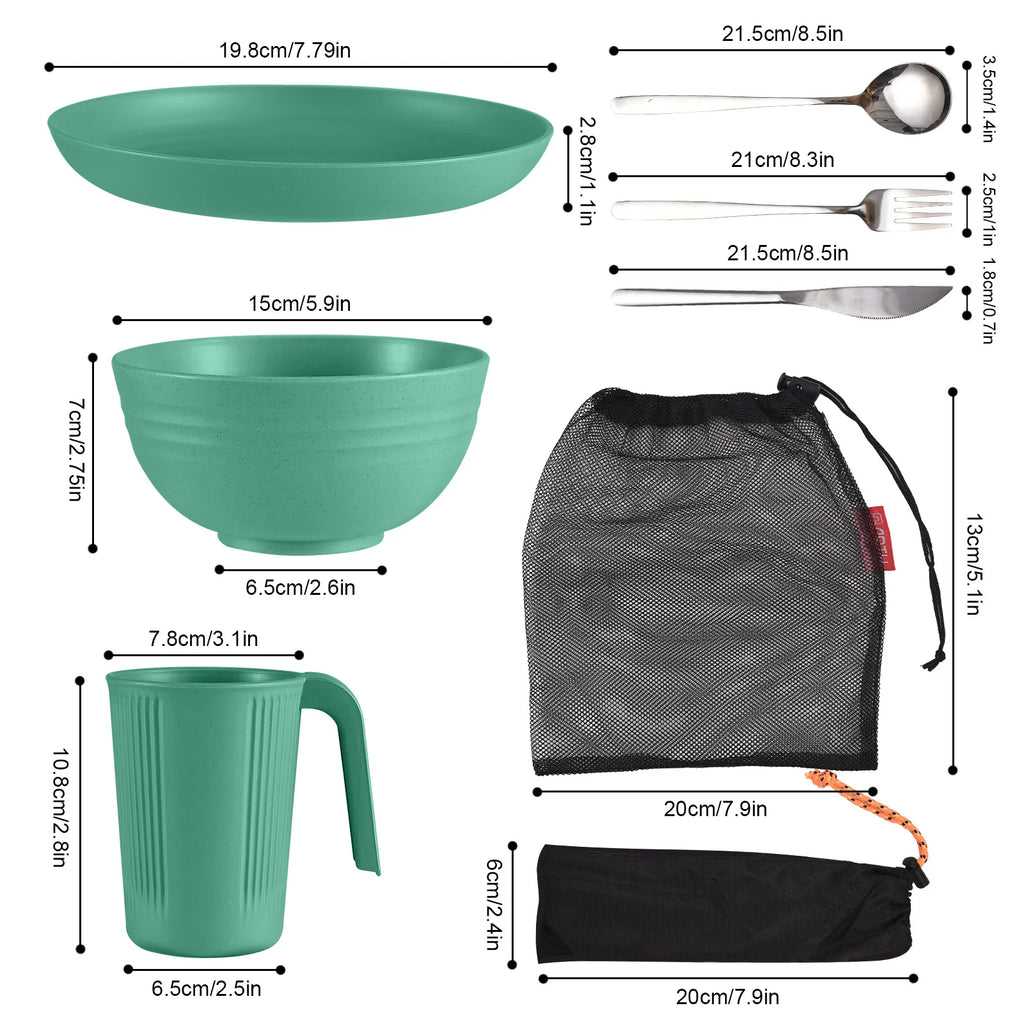 Camping Utensils Set for 2 Portable Wheat Straw Mess Kit with Bowl Plate Cup Fork Knife Spoon Outdoor Tableware and Picnicware