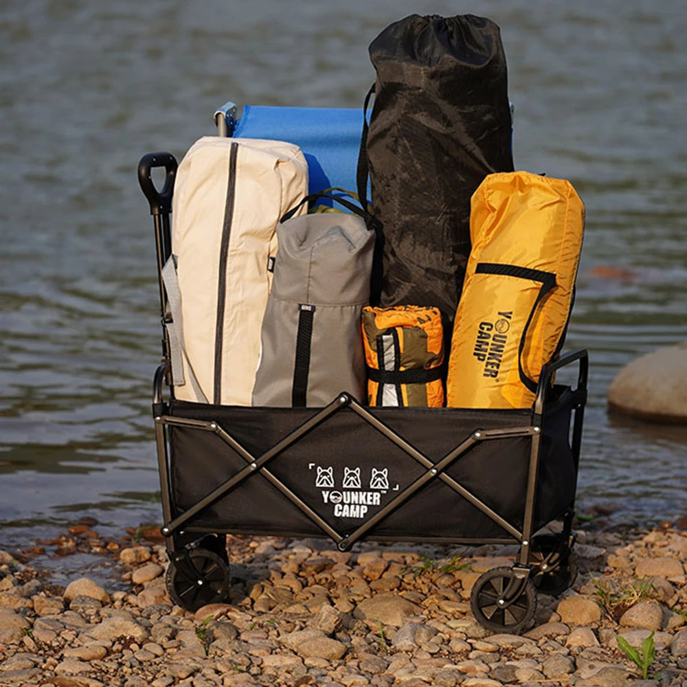 Camping Cart 360 °   Quiet, Omnidirectional Wheels, Foldable, Storage-Friendly, Portable, Suitable for Family Camping, High-Strength Carbon Steel, Shelf, New Model, Logo, Adjustable, Lever, Suitable for Various Scenes.