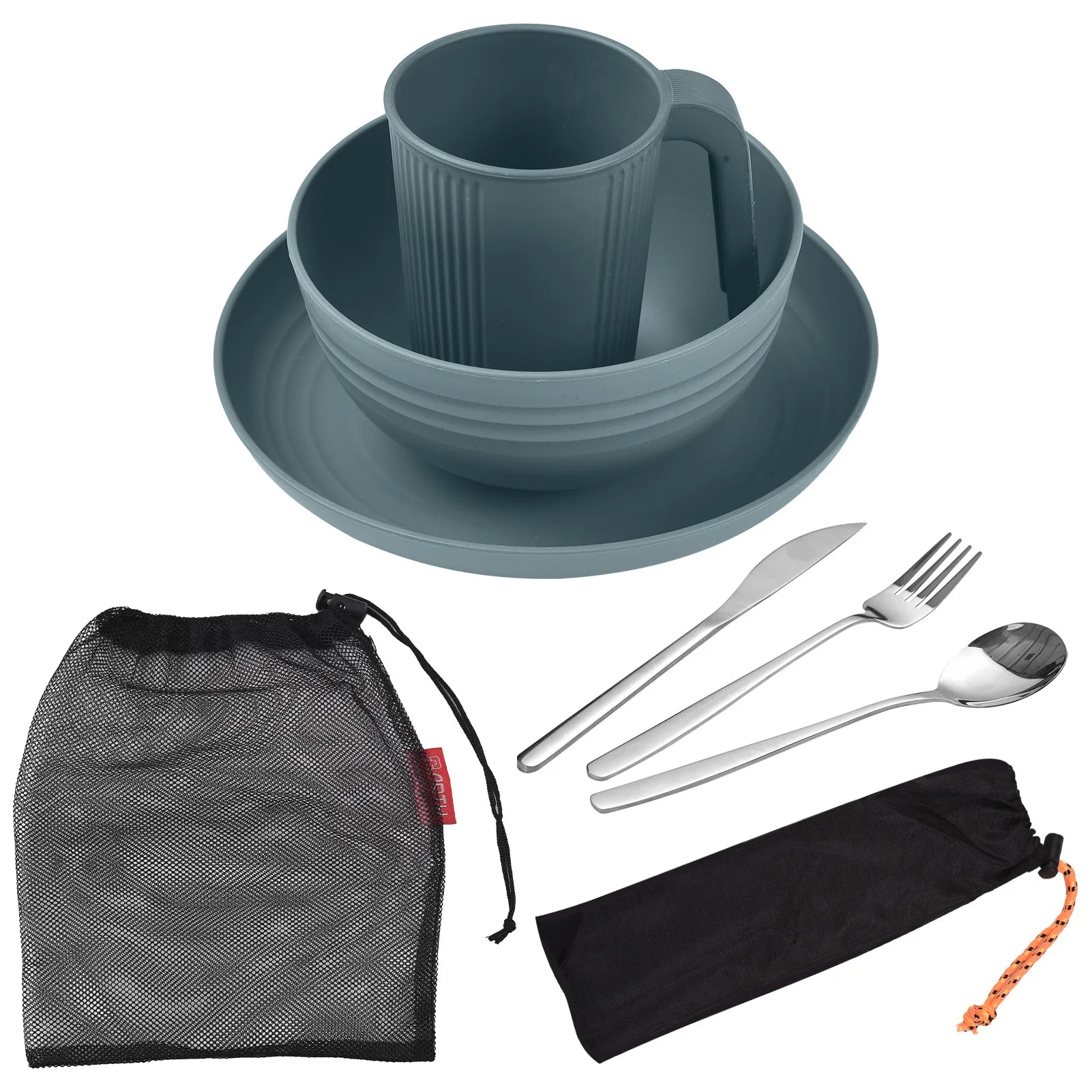Camping Utensils Set for 2 Portable Wheat Straw Mess Kit with Bowl Plate Cup Fork Knife Spoon Outdoor Tableware and Picnicware