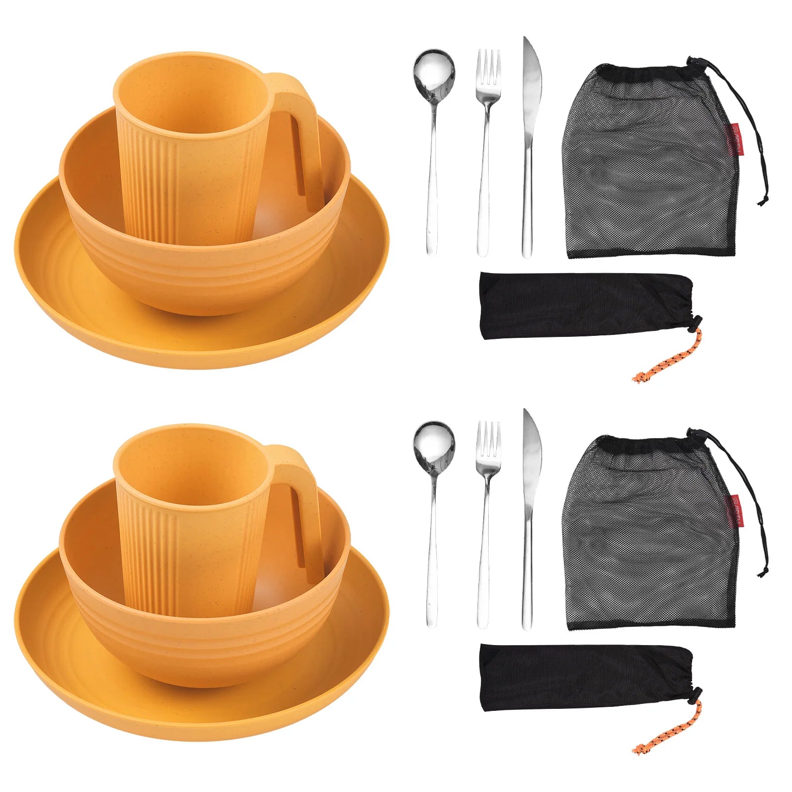 Camping Utensils Set for 2 Portable Wheat Straw Mess Kit with Bowl Plate Cup Fork Knife Spoon Outdoor Tableware and Picnicware