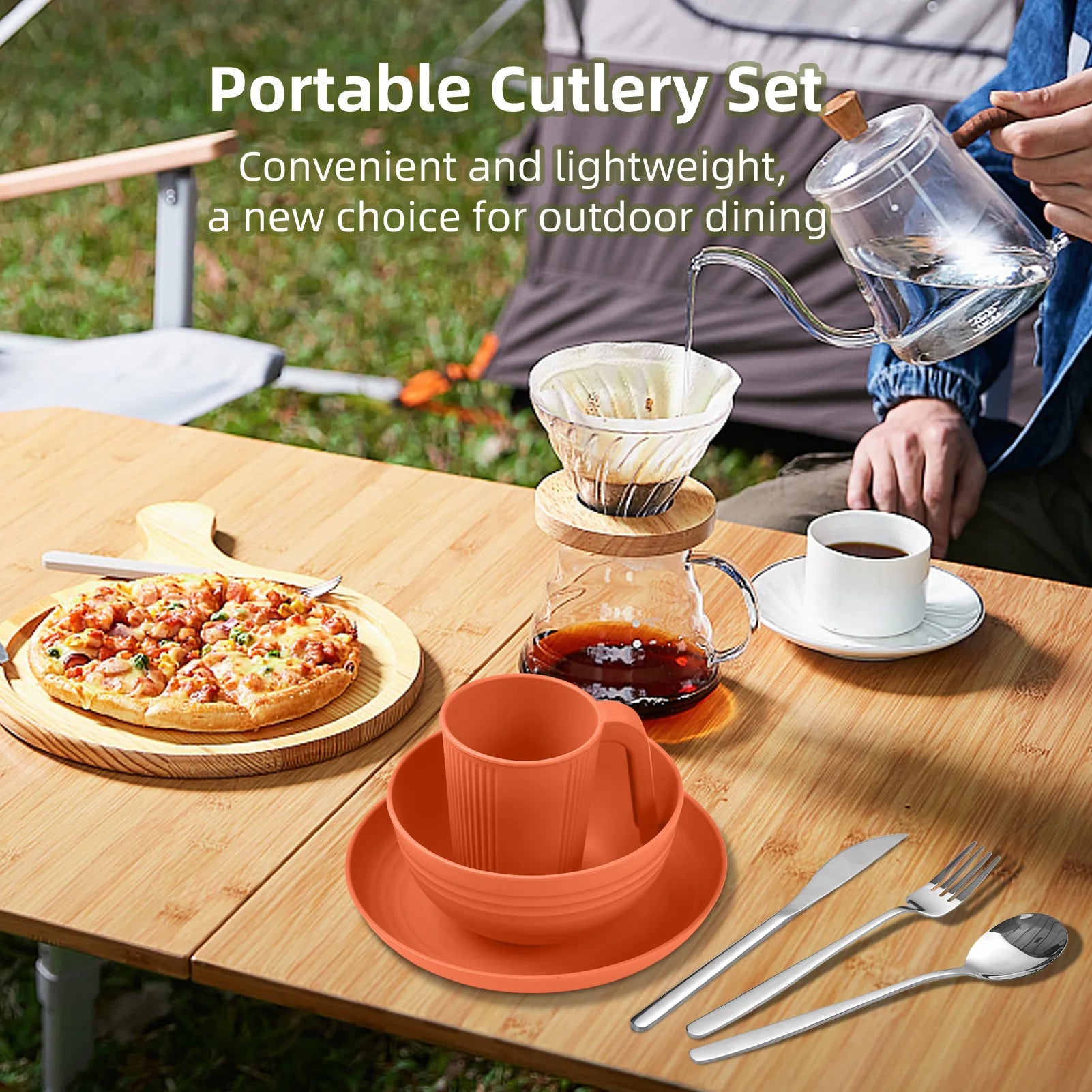 Camping Utensils Set for 2 Portable Wheat Straw Mess Kit with Bowl Plate Cup Fork Knife Spoon Outdoor Tableware and Picnicware