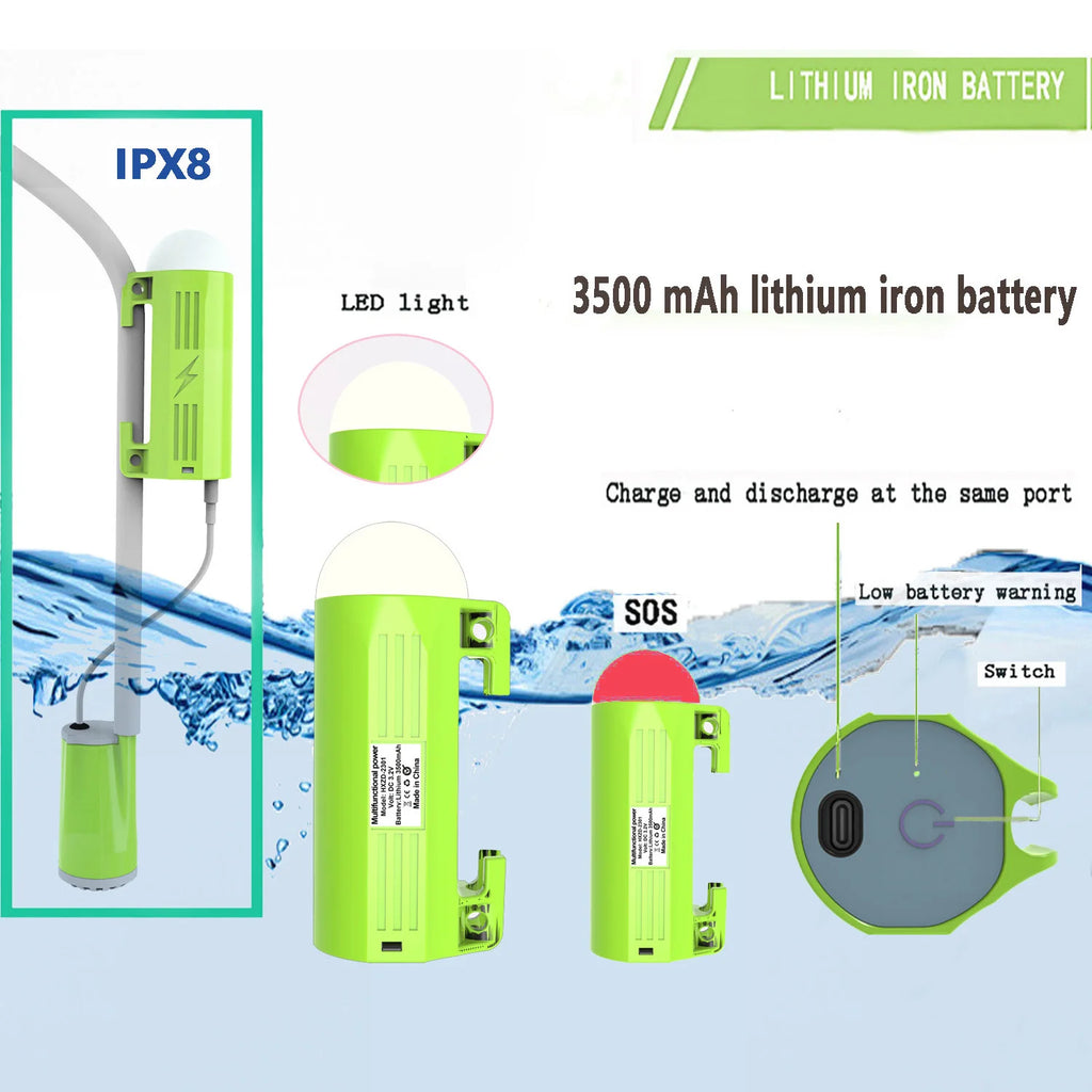 Camping Shower Pump，Outdoor Shower,  with LED lamp,IPX8 Waterproof ,Suitable for Camping,Hiking,Car trips